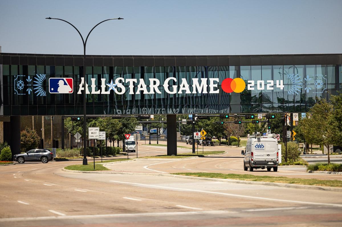 The 2024 MLB All Star game banner near Texas Live! Plaza on E Randol Mill Road in Arlington on Wednesday, July 3, 2024.