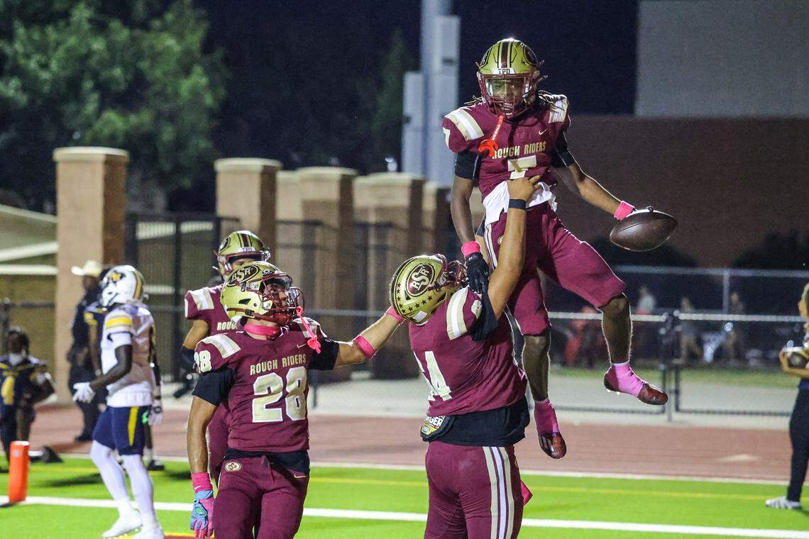 Saginaw’s Kaiden Stewart (7) celebrates a touchdown with teammates on Thursday, October 10, 2025, at Rough Rider Stadium in Saginaw, Texas.