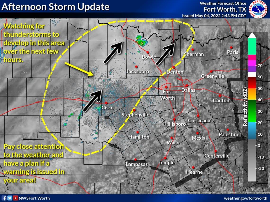 Storms forming north and northwest of the DFW metroplex that were originally expected to move southeast are now forecast to move northeast instead, into Oklahoma, according to the National Weather Service.