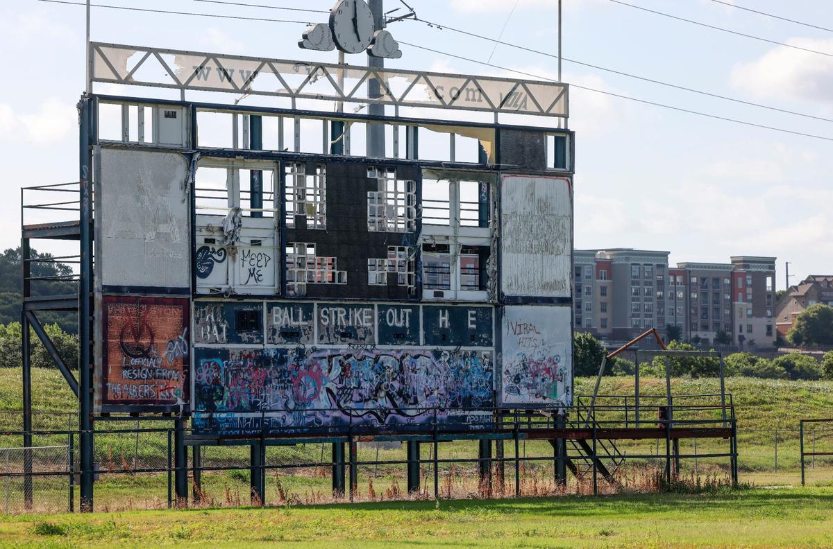 The scoreboard at LaGrave Field on Wednesday, June 26, 2024, in Fort Worth. The current ball field was built in 2001 by Fort Worth businessman Carl Bell and home the Fort Worth Cats, who were part of a now disbanded independent baseball league in Texas.