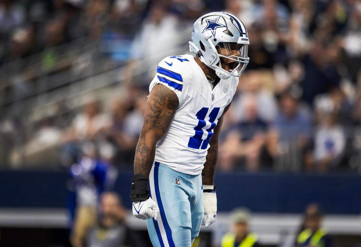 Dallas Cowboys linebacker Micah Parsons reacts after sacking New York Jets quarterback Zach Wilson on Sunday, September 17, 2023, at AT&T Stadium in Arlington.