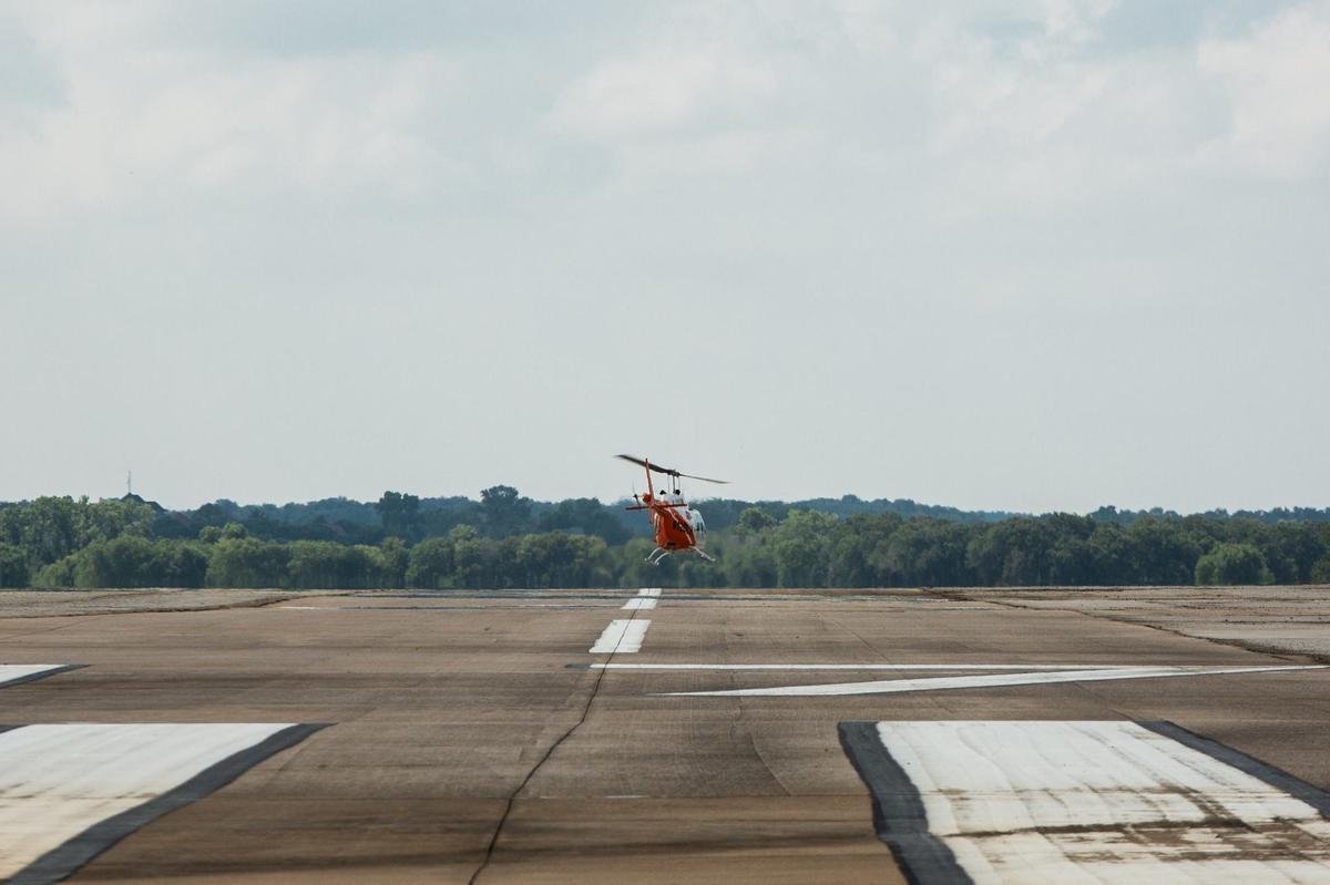 A helicopter takes off from the runway at Kenneth Copeland Airport near Eagle Mountain Lake on Wednesday, July 24, 2024. Helicopter pilots train at the general aviation airport that originally was built in 1942 as a Marine Corps air station for training pilots to fly gliders.