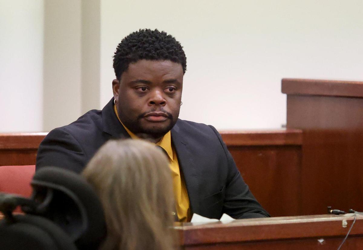 Adarius Carr testifies during the sentencing phase of Aaron Dean’s trial in Tarrant County’s 396th District Court on Friday, December 16, 2022, in Fort Worth. Dean, a former Fort Worth police officer, was found guilty of manslaughter in the 2019 shooting death of Carr’s sister, Atatiana Jefferson.
