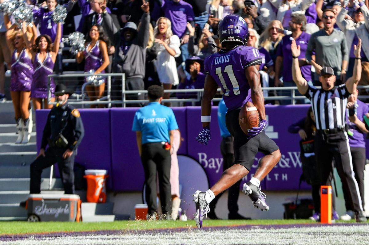 TCU wide receiver Derius Davis scores the first touchdown of their game against Texas Tech on Saturday, Nov. 5, 2022, at the Amon G. Carter Stadium in Fort Worth.