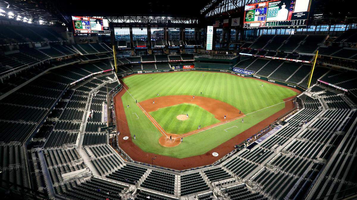 In this file photo, the Globe Life Field roof is closed before a Texas Rangers exhibition game on July 22, 2020. The roof was also closed Sunday on a sunny, 85-degree day in Arlington as the Rangers played the San Diego Padres inside.