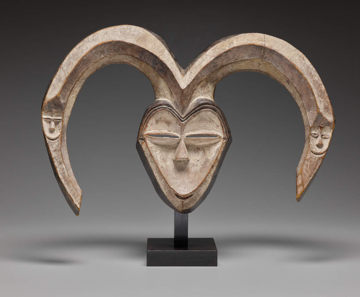 “Mask with Curved Horns,” Kwele peoples, Gabon, Africa, 19th–early 20th century, wood, pigments, and white kaolin.