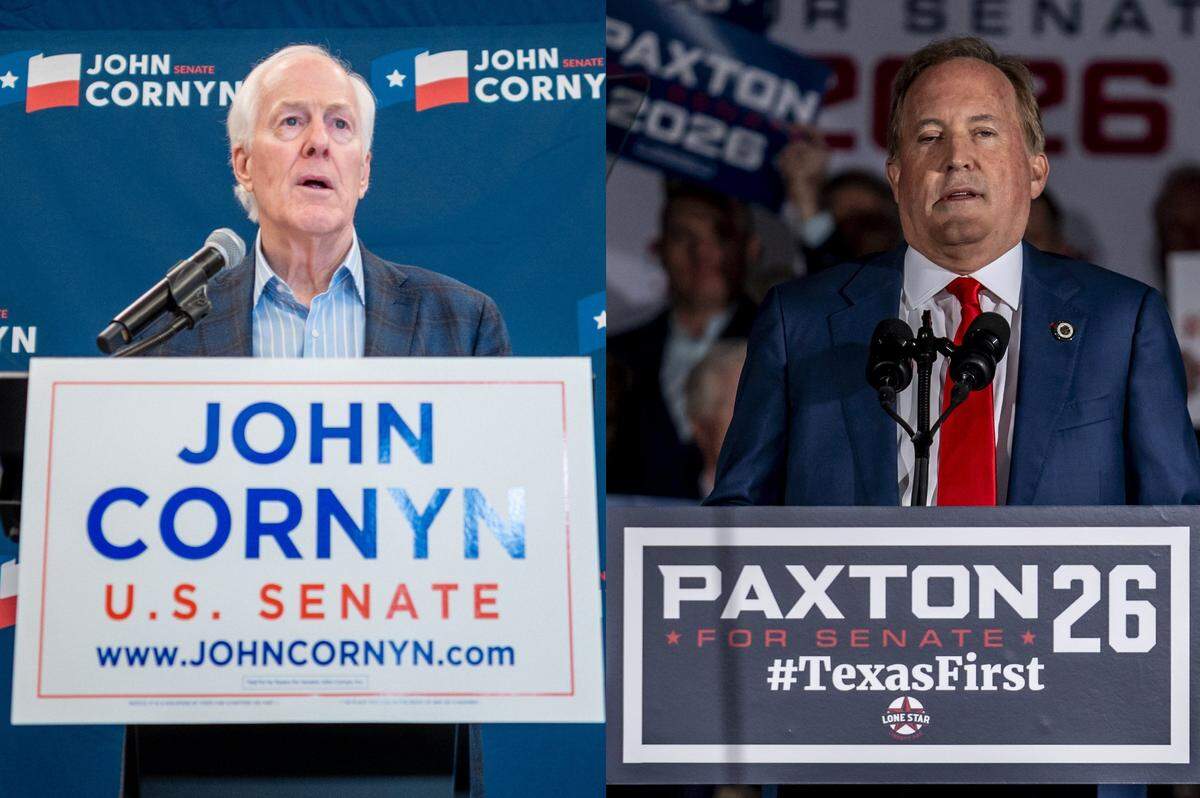 Texas Sen. John Cornyn, left, faces Texas Attorney General Ken Paxton in the May 26 Republican primary runoff for the U.S. Senate seat. The winner faces Democrat James Talarico in November.