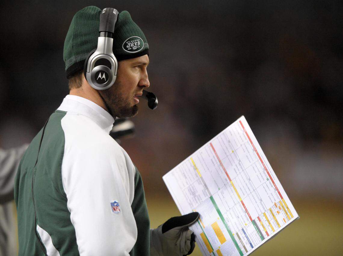 New York Jets offensive coordinator Brian Schottenheimer watches on the sidelines during the AFC championship game against the Pittsburgh Steelers on Jan. 23, 2011, at Heinz Field in Pittsburgh. The Steelers defeated the Jets 24-19.