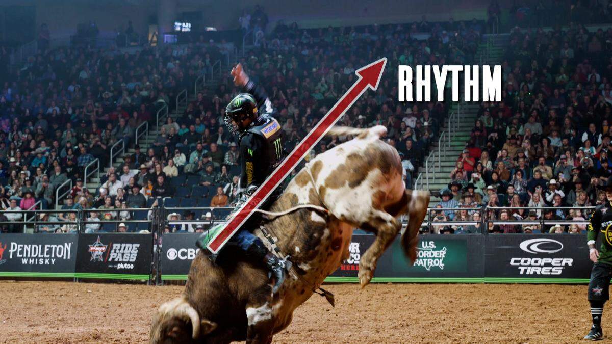 A rider trying to keep rhythm with a bull.