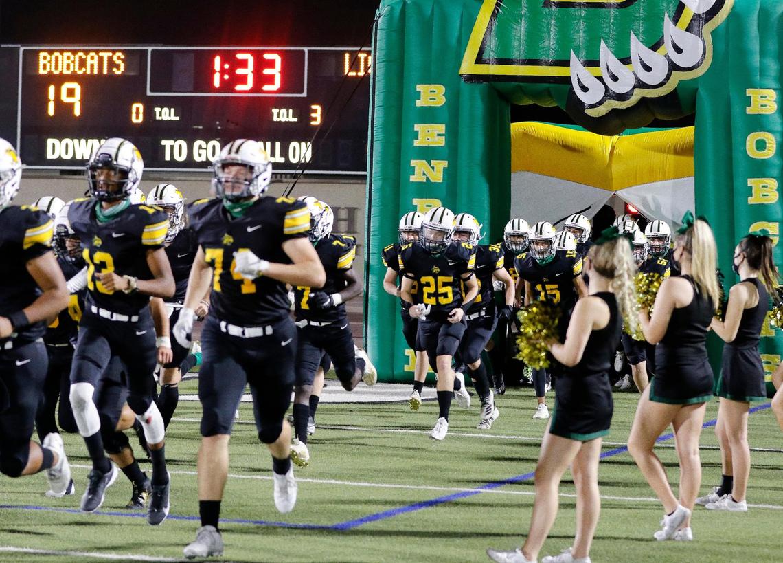 The Benbrook Bobcats enter the field for the second half of a high school football game at Clark Stadium in Fort Worth, Texas, Friday, Sept. 18, 2020. The Bobcats defeated the Lions 54-14. (Special to the Star-Telegram Bob Booth)