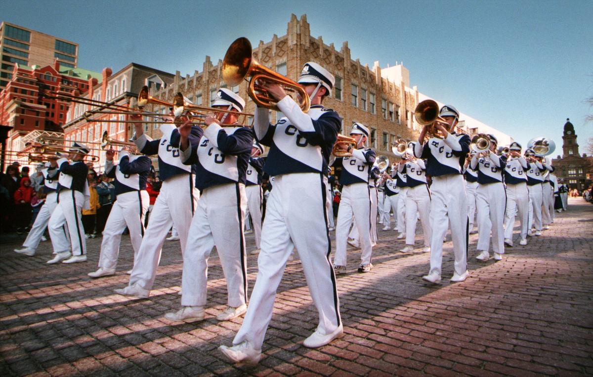 Jan. 23, 1999: The TCU marching band during the Fort Worth Stock Show western parade on Main Street.