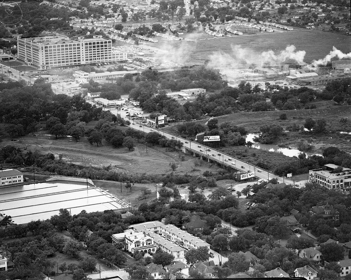 May 12, 1950: The Clear Fork river at West Seventh Street, with the Holly water treatment plant shown in the lower left. The Montgomery Ward building is seen in the distance.
