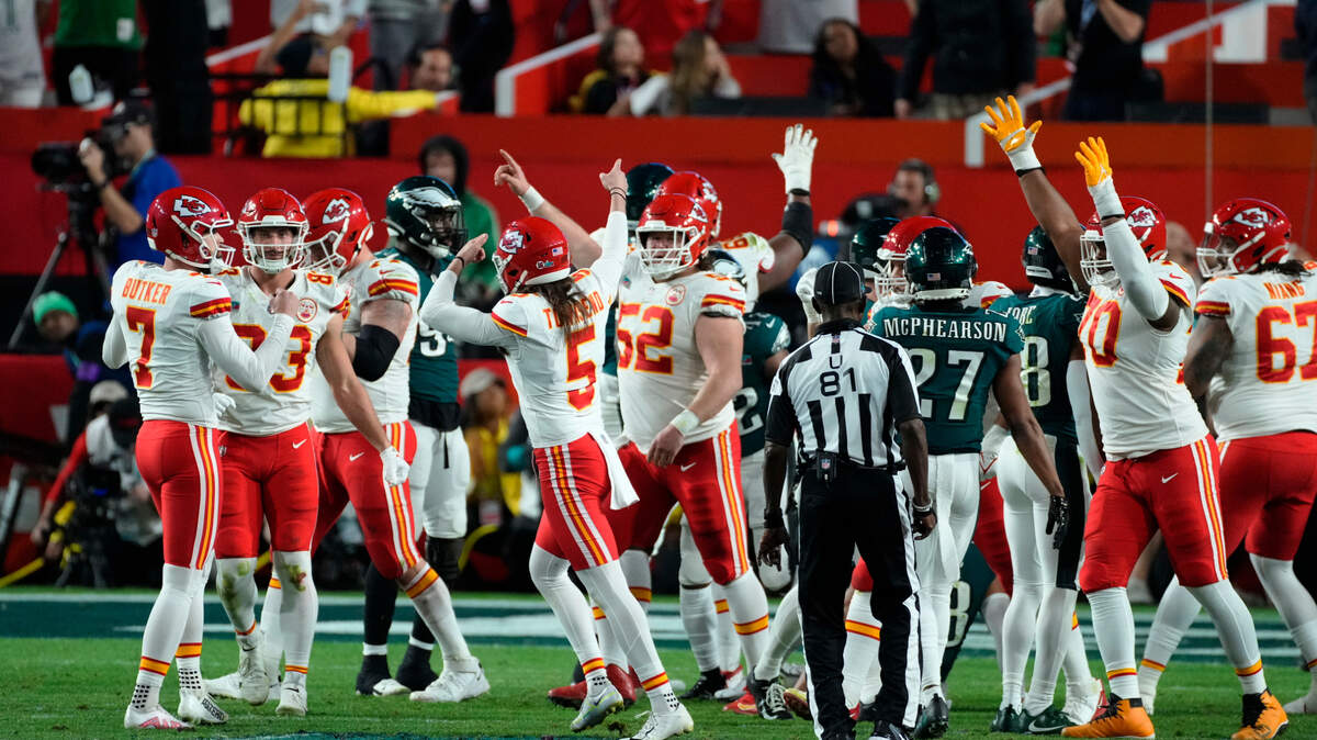 The Kansas City Chiefs celebrate after place kicker Harrison Butker (7) made the game winning field goal against the Philadelphia Eagles during the second half of the NFL Super Bowl 57 football game, Sunday, Feb. 12, 2023, in Glendale, Ariz. (AP Photo/Ross D. Franklin)