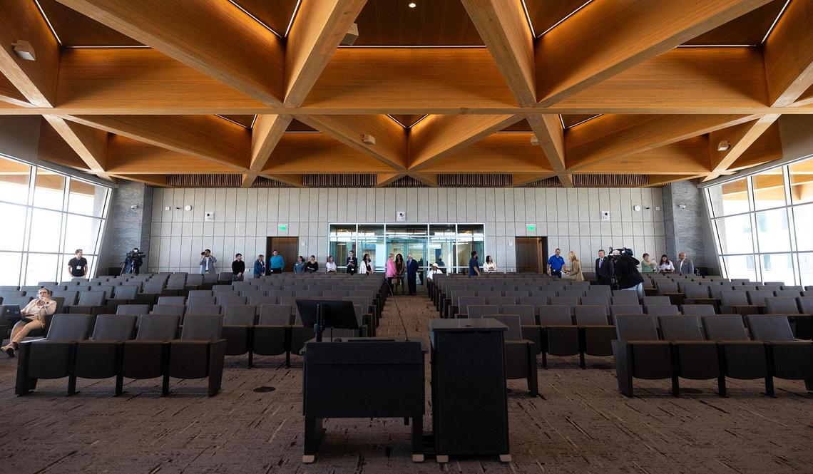 Inside the new Fort Worth City Council chambers on Monday, March 24, 2025. The city will welcome the public into the chambers for the first time on Tuesday.