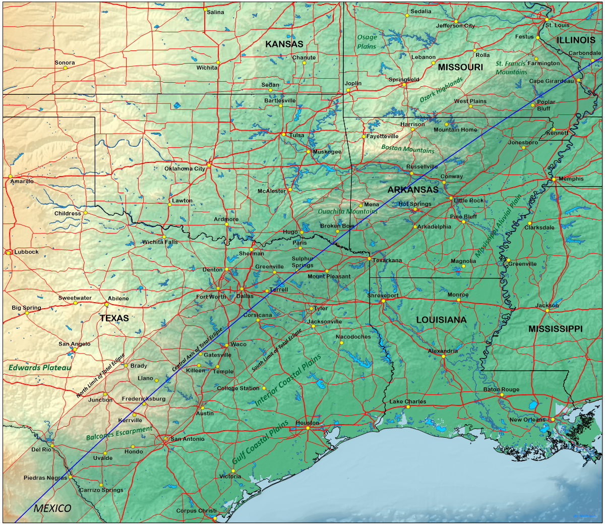 Topographic map of the eclipse track from Texas to Missouri.