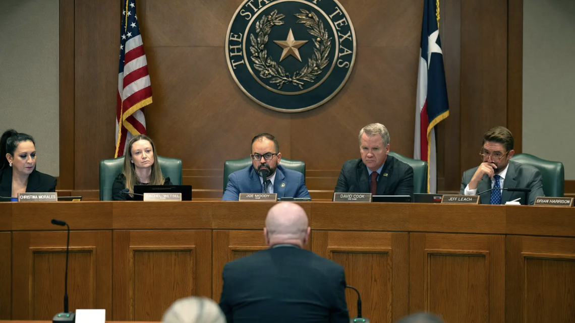 Former Detective Brian Wharton testifies during a Criminal Jurisprudence hearing on death row inmate Robert Roberson on Oct. 16 in Austin. Wharton was an investigator in the case of the death of Nikki Roberson and has expressed his doubts about Roberson’s guilt and agrees with stopping his execution.