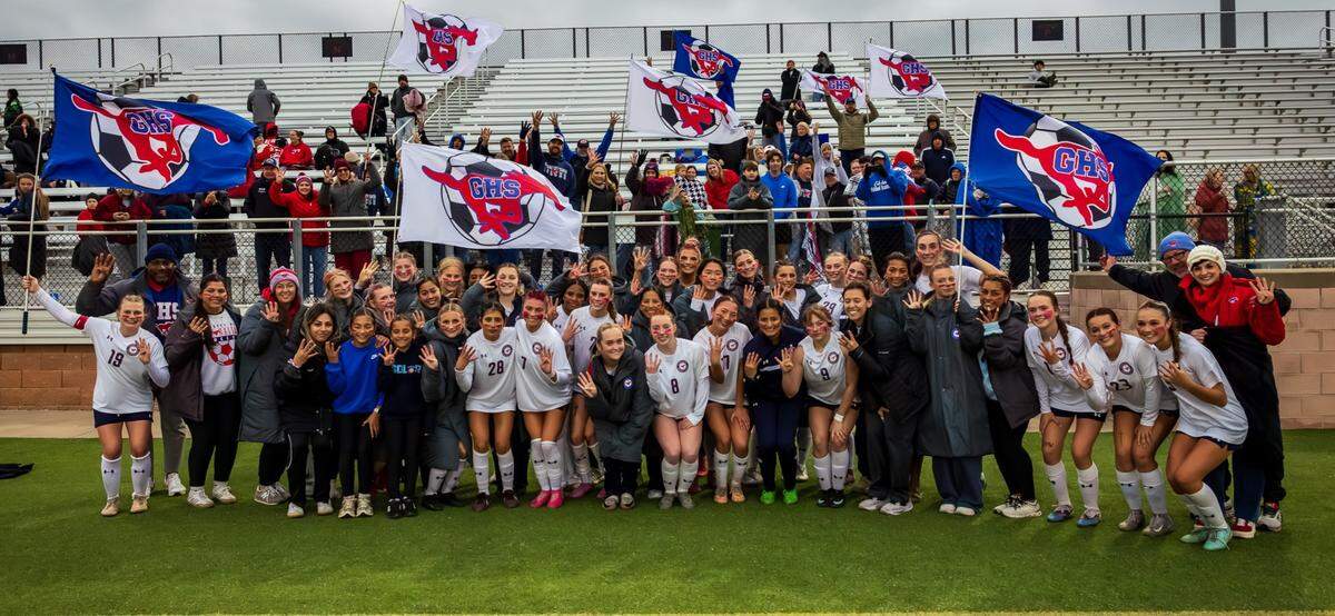 The Grapevine girls soccer team poses after defeating Wichita Falls Memorial in a Class 5A Division 2 regional semifinal on Friday, March 27, 2026, at Mineral Wells High School in Mineral Wells, Texas.