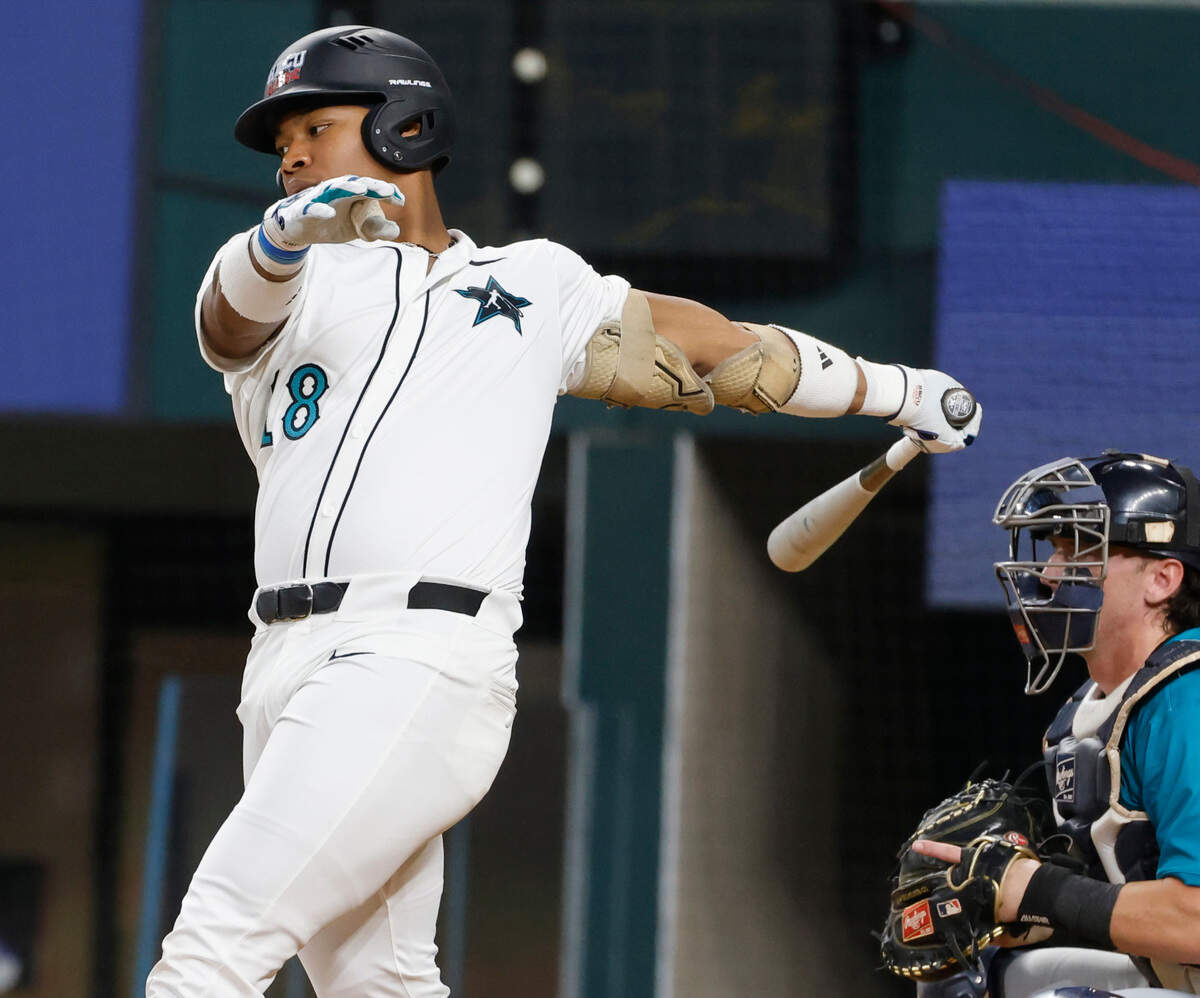 American League right fielder Michael Smith (18) from Prairie View A&M takes a big cut during the HBCU Swingman Classic at Globe Life Field in Arlington, Texas, Friday July 12, 2024.