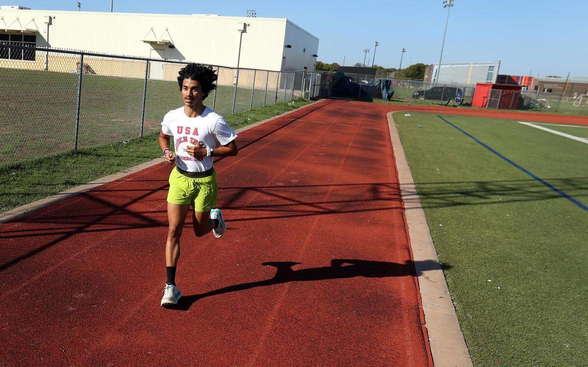 Diamond Hill-Jarvis High School senior Angel Sanchez works out after school on Wednesday, November 8, 2023, in Fort Worth. Sanchez has won back to back Class 4A Cross Country State Championships.