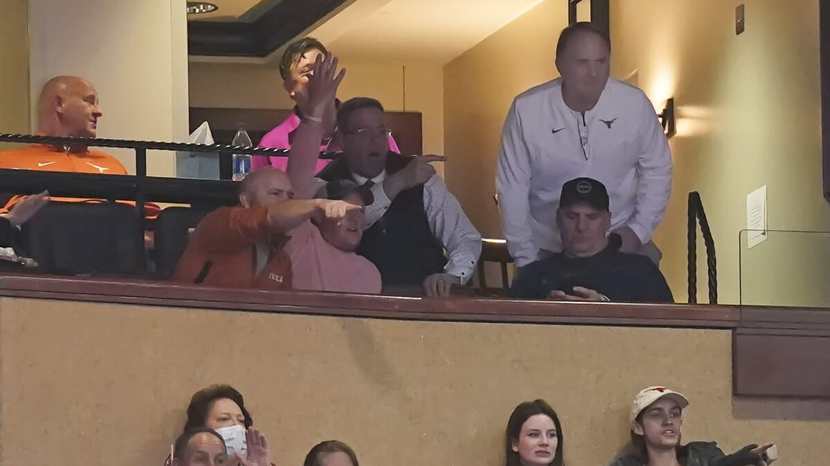 The sight of former TCU football coach Gary Patterson (upper right) wearing a UT shirt while attending a Texas men’s basketball game this week with athletic director Chris Del Conte (middle) in Austin created quite the stir on the Internet. Patterson has joined Texas’ football staff as a special assistant to head coach Steve Sarkisian.
