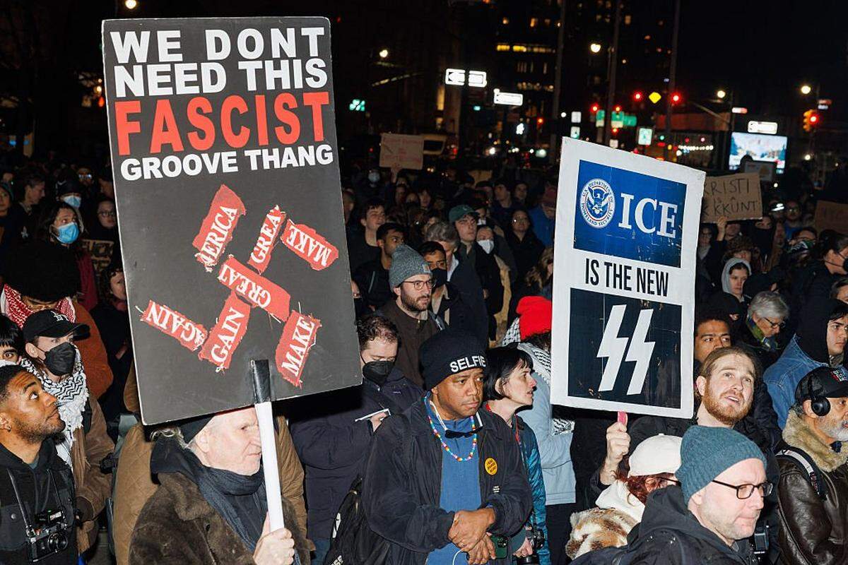 Protesters gather in Foley Square to protest against U.S. Immigration and Customs Enforcement (ICE) after an ICE agent shot and killed 37-year-old Renee Nicole Good in her car in Minneapolis, Minnesota, United States in New York City, New York, United States on January 8, 2026. (Photo by Jason Alpert-Wisnia / Hans Lucas / AFP via Getty Images)