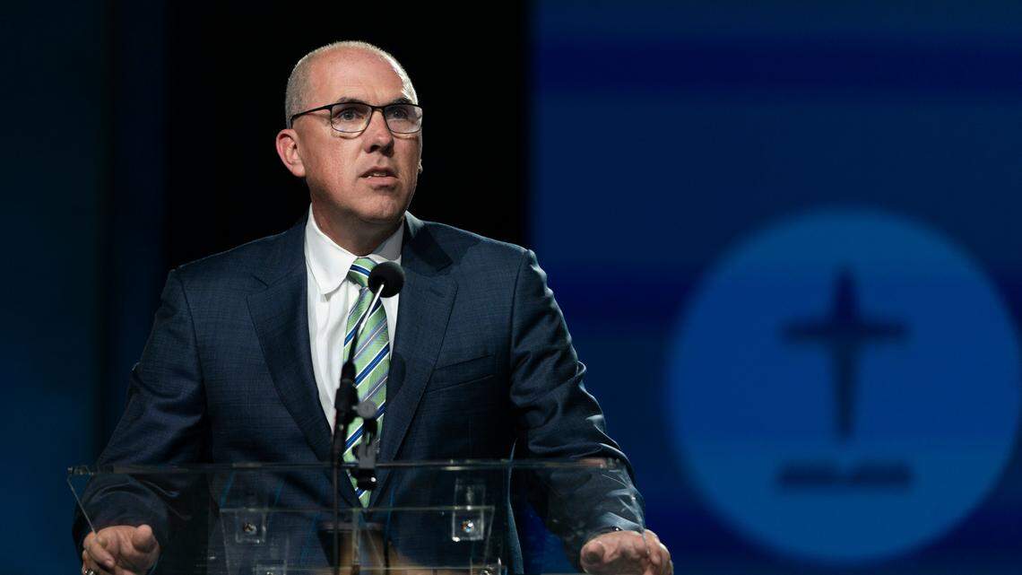 Pastor Bart Barber, newly elected president of the Southern Baptist Convention, speaks during its annual meeting in Anaheim, California on Tuesday, June 14, 2022.