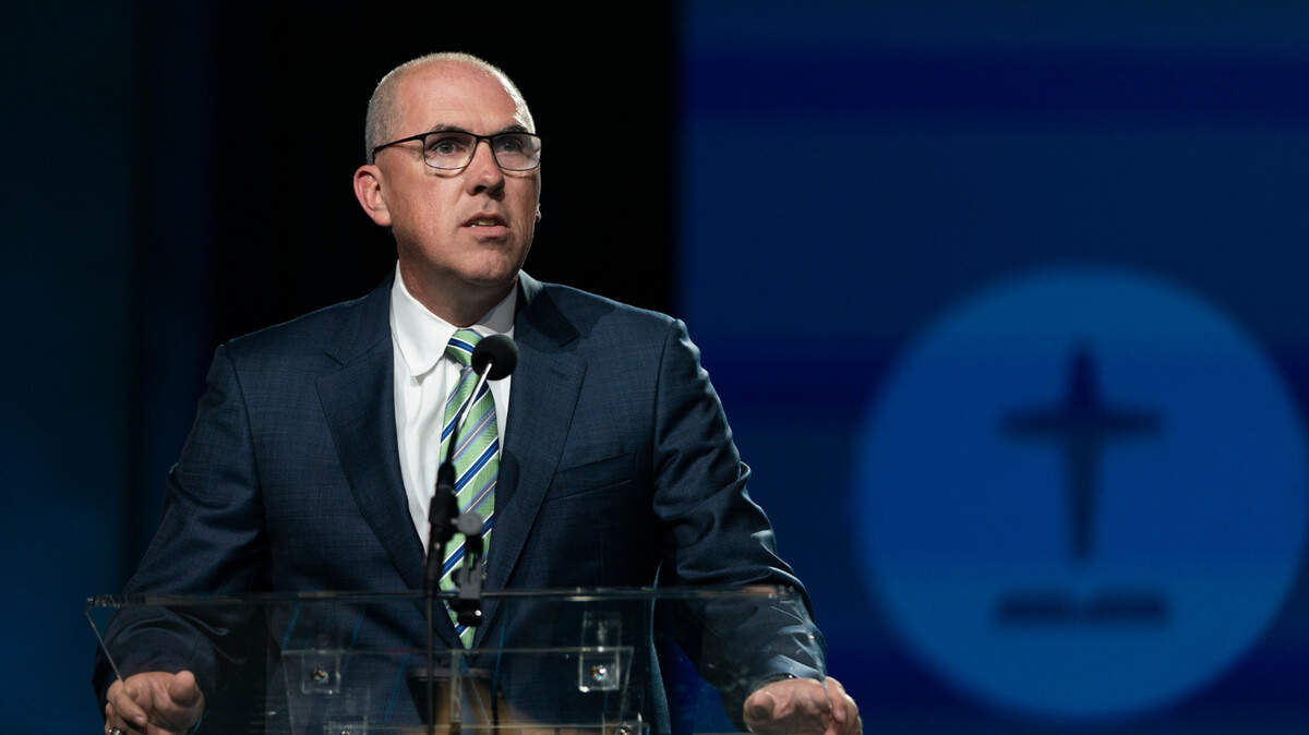 Pastor Bart Barber, newly elected president of the Southern Baptist Convention, speaks during its annual meeting in Anaheim, California on Tuesday, June 14, 2022.