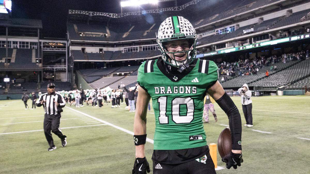 Southlake Carroll wide receiver Brody Knowles celebrates after scoring a touchdown in the first half against Prosper in a Class 6A Division II regional playoff Nov. 28, 2025, at Choctaw Stadium in Arlington.