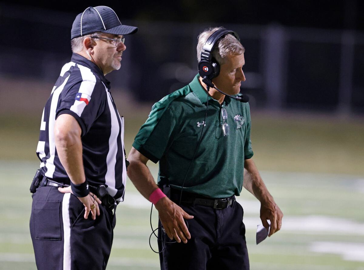 Lake Ridge head coach Kirk Thor shows his frustration in the fourth quarter during a UIL football game at Vernon Newsom Stadium in Mansfield Texas, Thursday, Oct. 03, 2024. (Special to the Star-Telegram / Bob Booth)