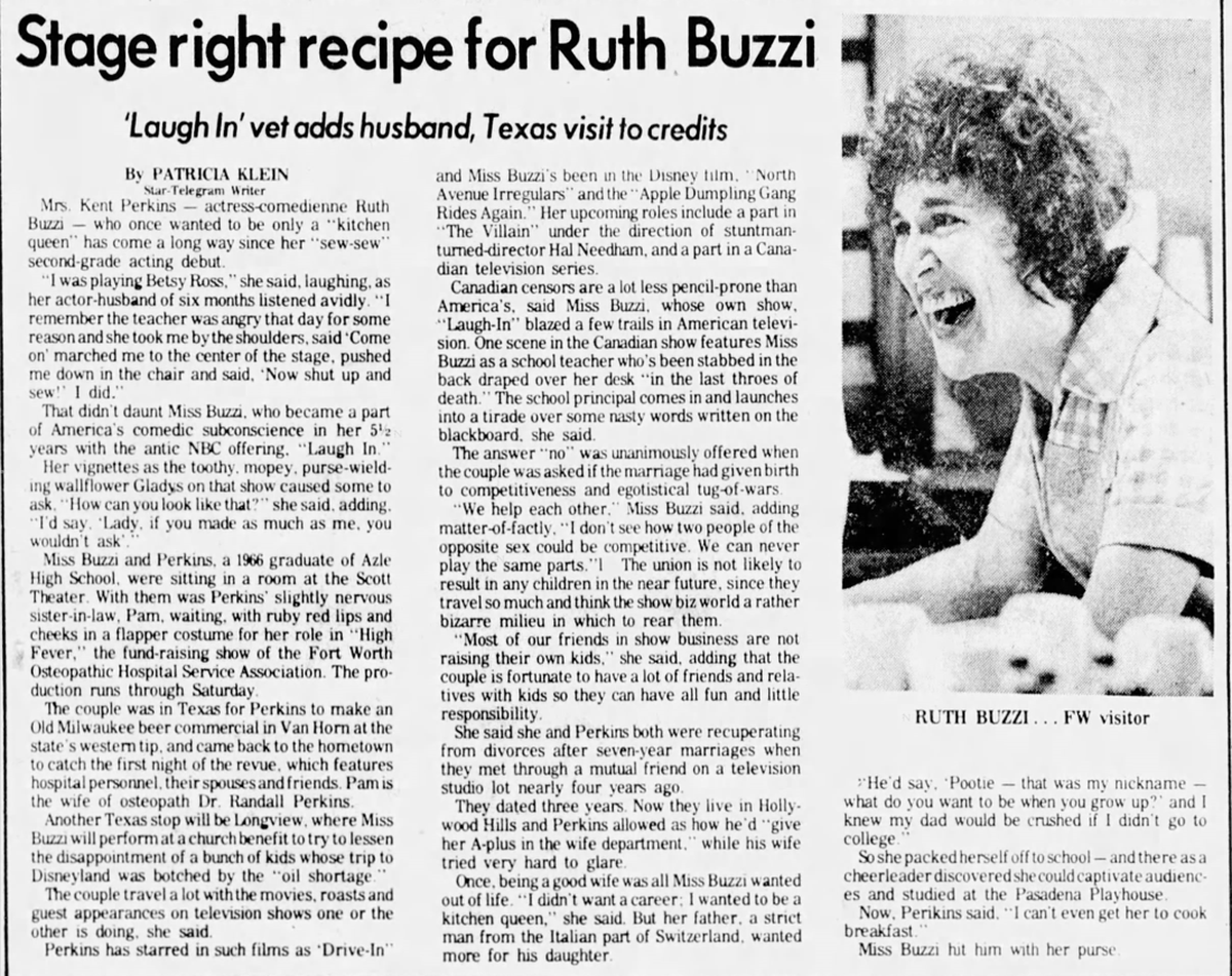 Ruth Buzzi and Kent Perkins in the June 29, 1979, edition of the Star-Telegram.