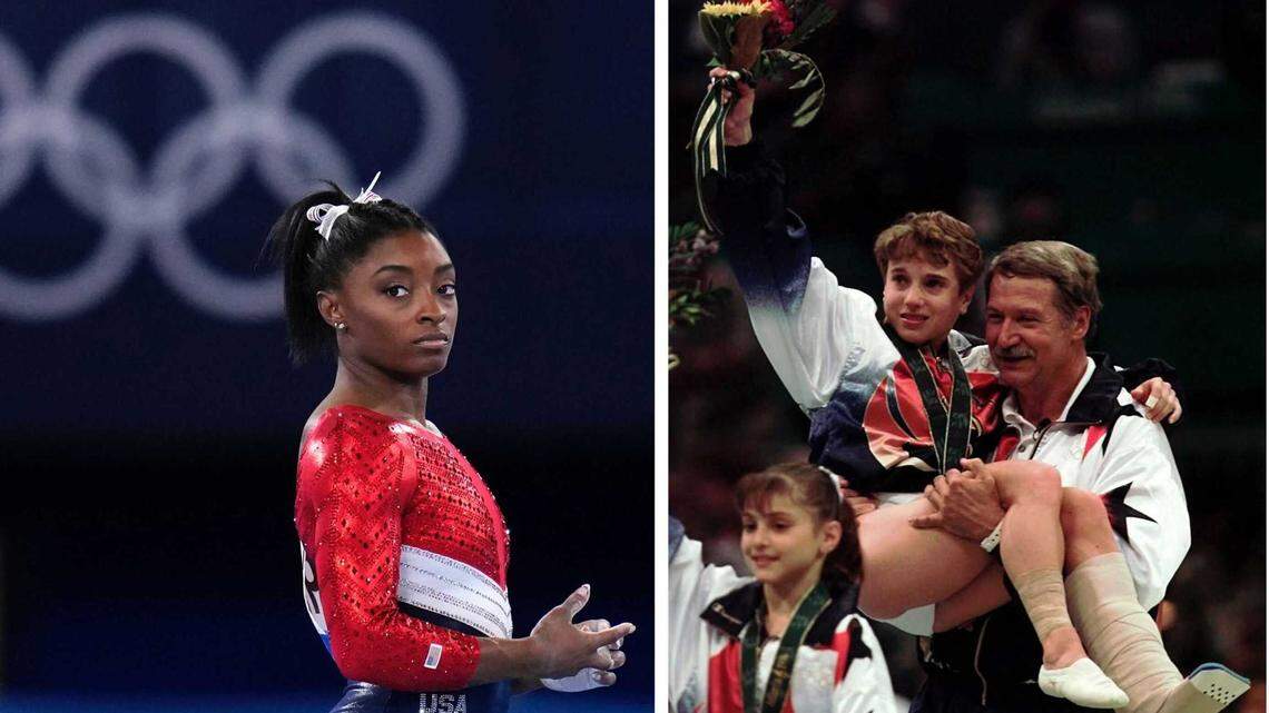 Simone Biles (left) of the United States, waits to perform on the vault during the artistic gymnastics women’s final at the 2020 Summer Olympics, Tuesday, July 27, 2021, in Tokyo (AP Photo/Gregory Bull). U.S. gymnastics coach Bela Karolyi carries injured Kerri Strug (right) following the awards ceremony at the women’s team gymnastics competition at the 1996 Summer Olympics in Atlanta. (AP Photo/Susan Ragan, File)
