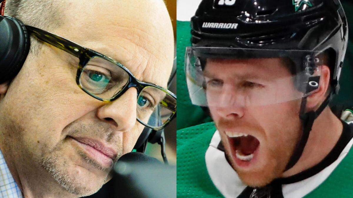 Former Dallas Stars play by play voice Ralph Strangis (L) gets a clean bill of health as his fights cancer just days before the team, featuring veteran Joe Pavelski (R), begins its defense of its Western Conference trophy.