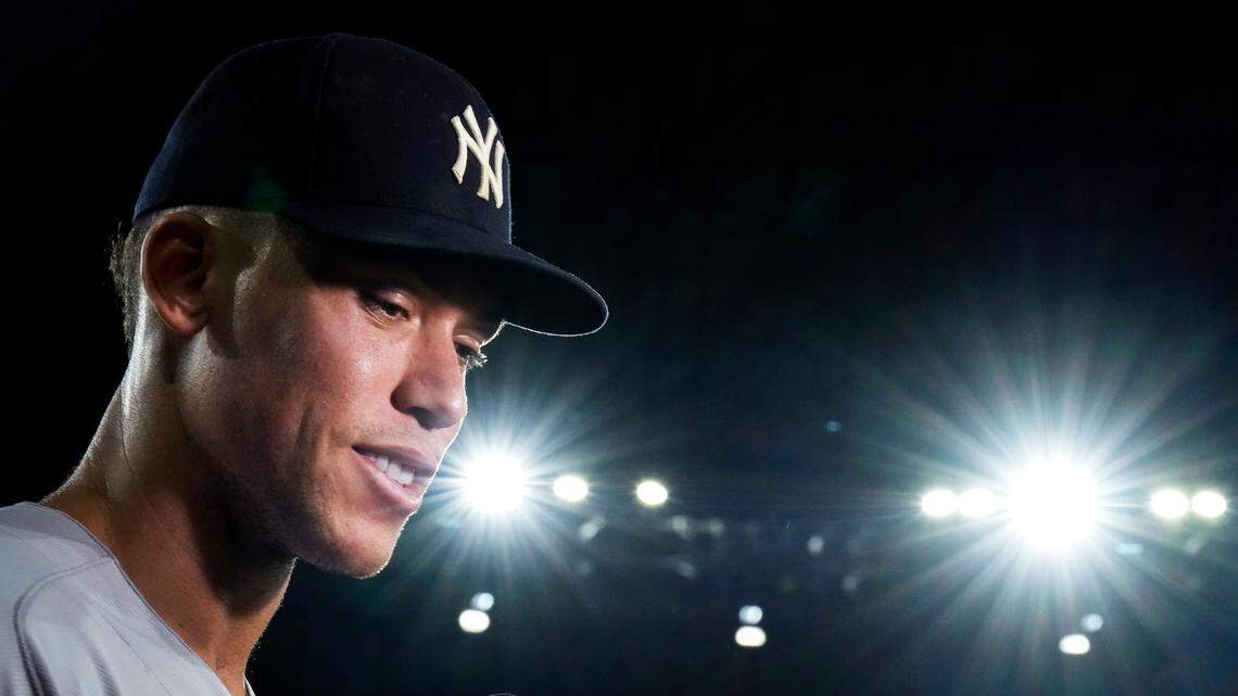 New York Yankees’ Aaron Judge speaks during an interview after the team’s baseball game against the Toronto Blue Jays, in which he hit his 61st home run of the season, Wednesday, Sept. 28, 2022, in Toronto. (Nathan Denette/The Canadian Press via AP)
