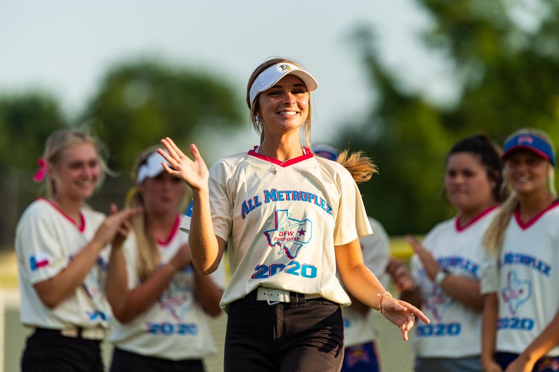Brock pitcher Lauren Kizer being introduced at the DFW FastPitch softball all-star game at Warren Sports Complex in Frisco, June 16, 2020.