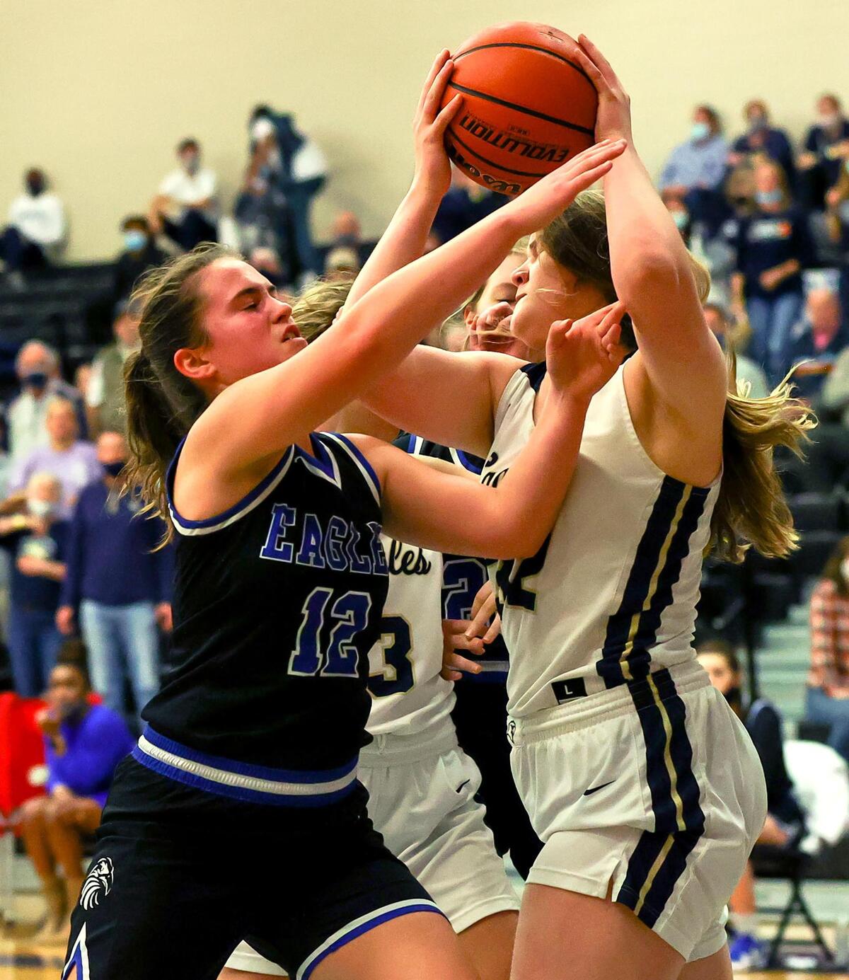 Fort Worth guard Haylee Davis (12) tries to grab a rebound from Houston Second Baptist forward Kate Marshall (32) during the second half of the 5A TAPPS Girls Basketball State Championship game played on March 12, 2021 at College Station High School in College Station, TX. (Steve Nurenberg Special to the Star-Telegram)