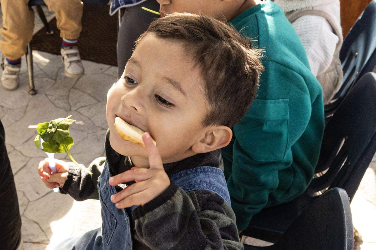 Julien Larrota, 4, eats the pita bread with garlic butter and a spinach leaf during class at the Curious Farm House in Godley on Wednesday, Dec. 10, 2025. The Curious Farmhouse is a nature-based, bilingual space where children learn farming, nutrition and hands-on skills through gardening.