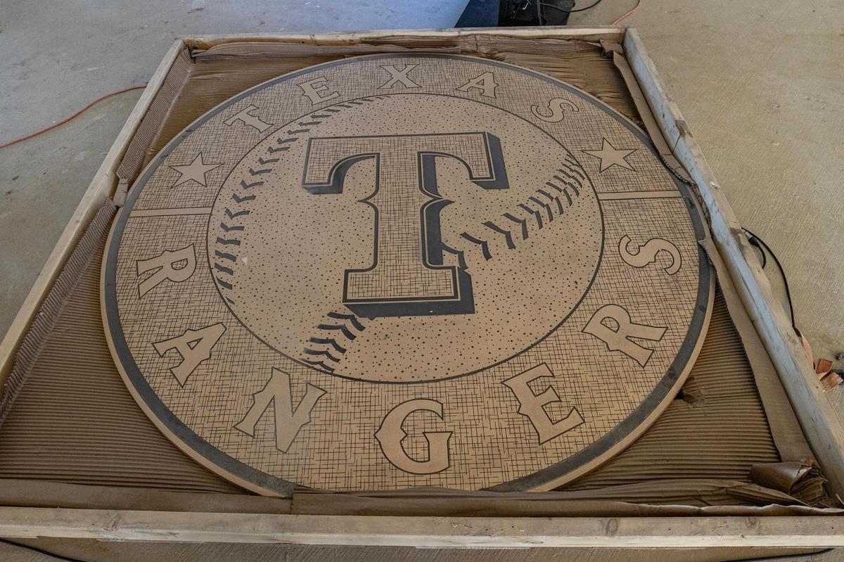 One of the many Texas Rangers related decorations being showcased in the lobby at the One Rangers Way residential apartment complex in the Arlington Entertainment District on Tuesday, Nov. 12, 2024.