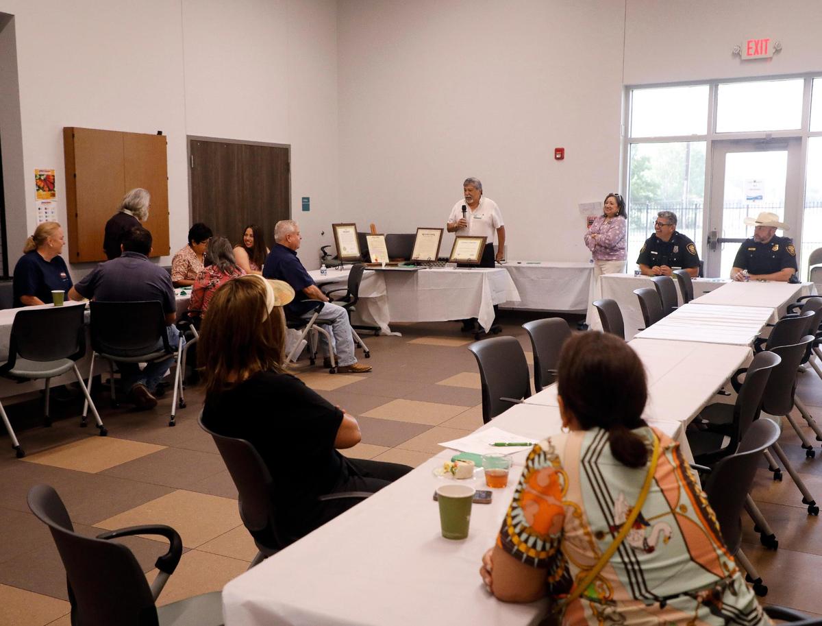 Joe Guerrero, president of the Worth Heights Neighborhood Association, speaks during the 25th anniversary at the Victory Forest Community Center in Fort Worth on Saturday May 20, 2023. Around a dozen people attended. 