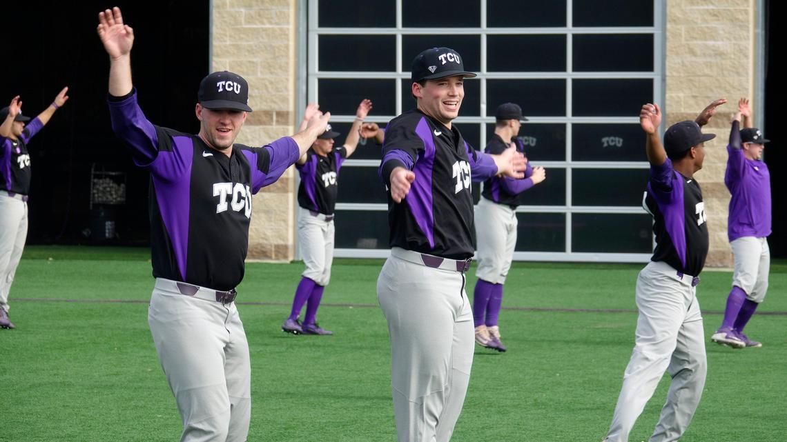 Players do conditioning drills before practice. TCU baseball held its first practice of the 2019 season Friday, January 25 at Lupton Stadium.