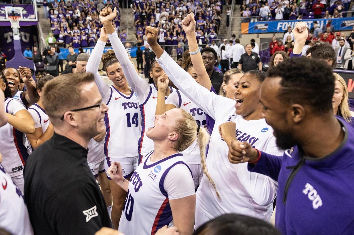 The TCU women’s basketball team celebrates after defeating Louisville in the second round of the Women’s NCAA Championships Tournament at Schollmaier Arena in Fort Worth on Sunday, March 23, 2025.