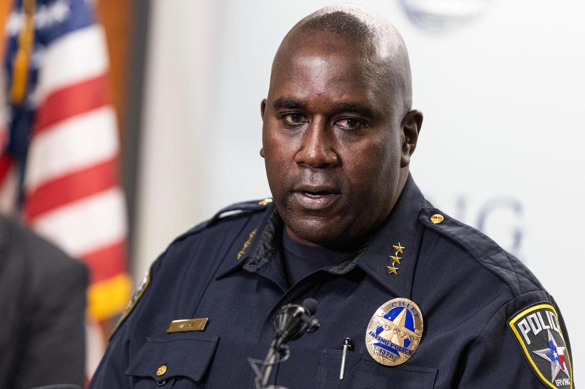 Irving Police Chief Derick Miller speaks to the news media gathered for a news conference announcing an arrest in the 1994 murder of Megan Johns at the Irving Police Department on Wednesday, June 11, 2025.
