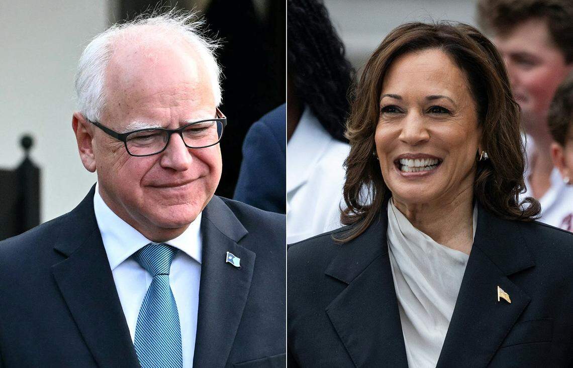 This combination of pictures created on Aug. 2, 2024, shows US Vice President Kamala Harris in Washington, D.C. on July 22, 2024, and Governor of Minnesota Tim Walz in Washington, D.C., July 3, 2024. Harris picked Walz as her running mate on Aug. 6, 2024, US media reported, as the vice president prepares to take on Republican Donald Trump in November’s US election. (Jim Watson/Chris Kleponis/AFP via Getty Images/TNS)
