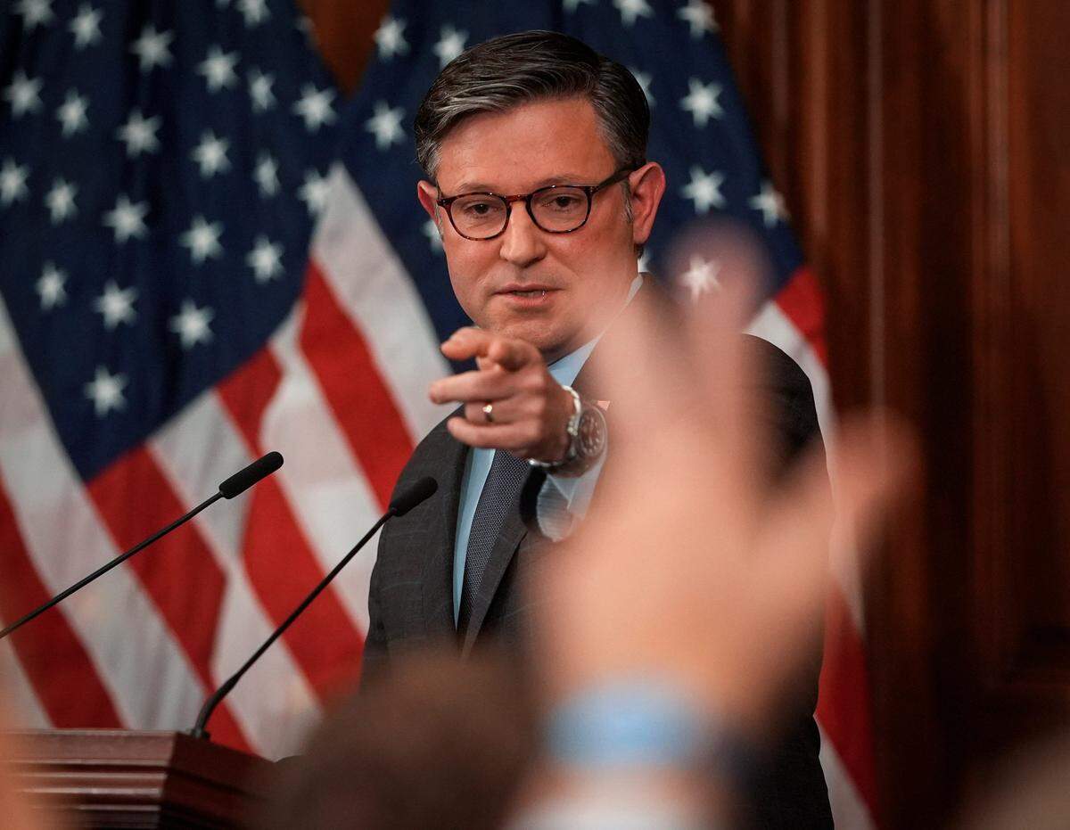 House Speaker Mike Johnson (R-LA) holding a press conference on October 6, 2025 at the United States Capitol during the partial government shutdown.