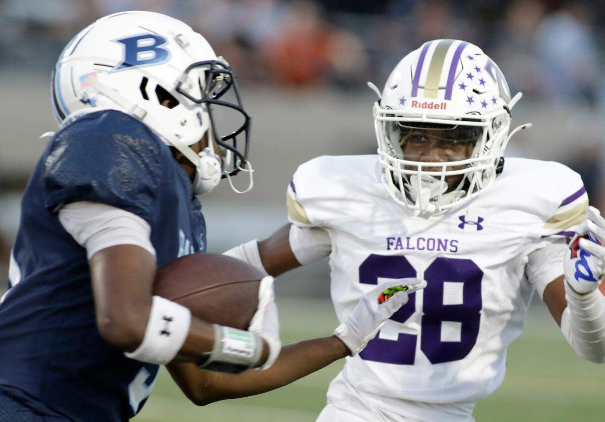Timber Creek’s Andrew Bridges closes in for a tackle on L.D. Bell’s Caleb Walton during their UIL football game Friday night at Pennington Field in Hurst on Friday Sept. 6, 2024.