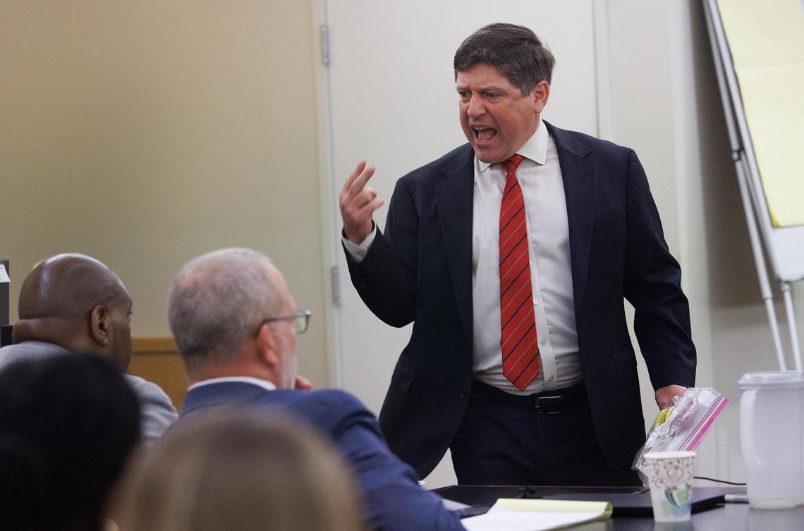 Tarrant County Assistant District Attorney Dale Smith gives his closing argument in the punishment phase of Lamont Cousins’ trial on Wednesday, April 30, at the Tim Curry Criminal Justice Center in Fort Worth. Cousins was found guilty of capital murder in the shooting deaths of three victims on Dec. 14, 2020, and was sentenced to life without parole.