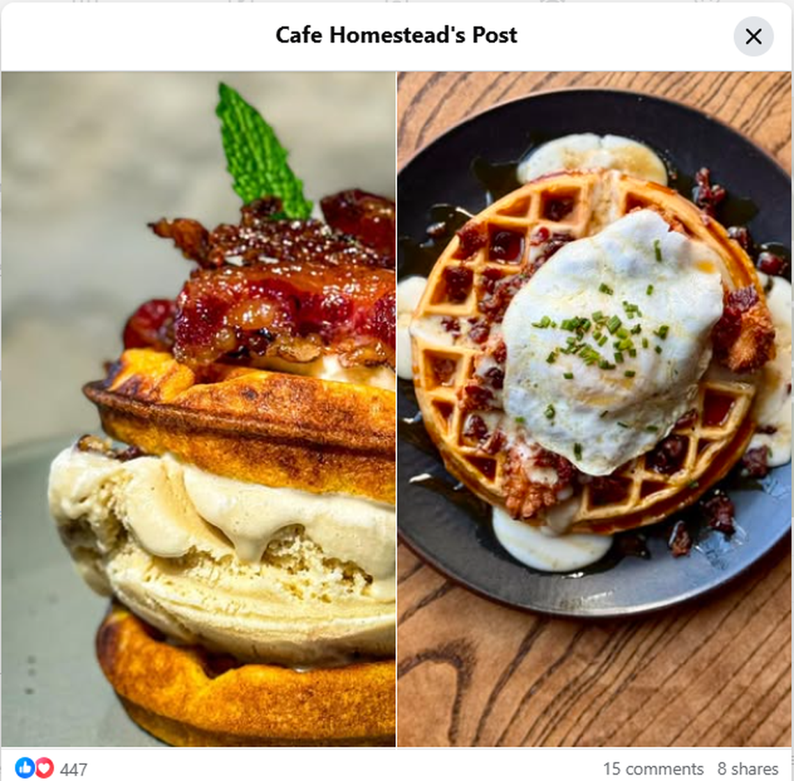 A screen grab of chicken and waffles with a fried egg on top, right, and sweet potato waffles with ice cream, left, on Cafe Homestead’s Facebook page