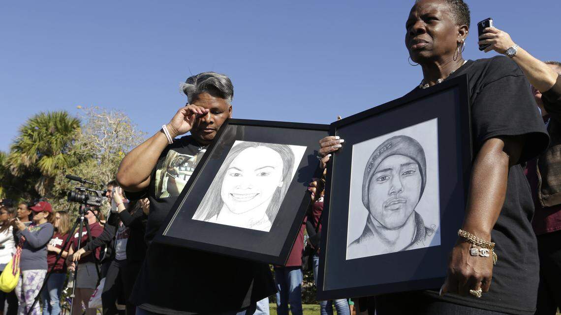 The portraits of Meadow Pollack, left, and Joaquin Oliver were carried during a March 14 anti-gun violence rally in Parkland, Fla. Southlake teen Katie Silverman was friends with both of those victims.