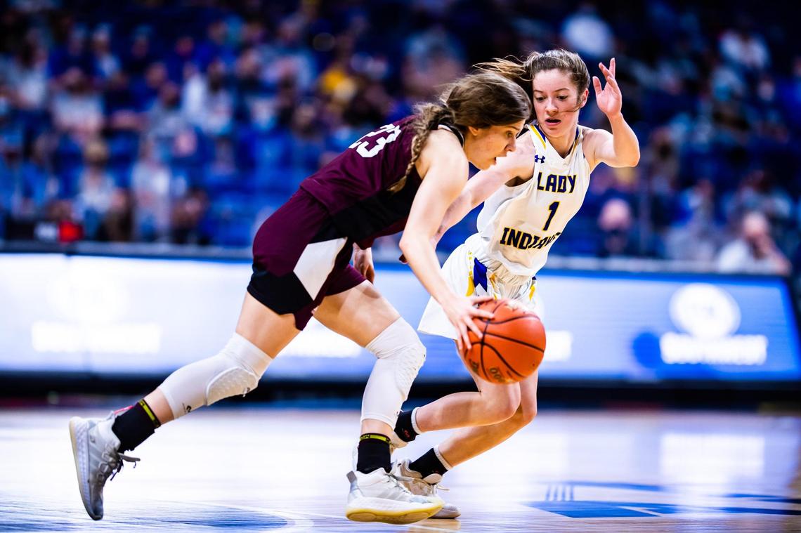 Taylor Branson (1) guards Jada Celsur (23) during the 2A state final between Lipan and Martin’s Mill at the Alamodome in San Antonio Texas, on March 11, 2021. Lipan went on to win 44-39. (Photo by Matt Smith. Special to the Star-Telegram).