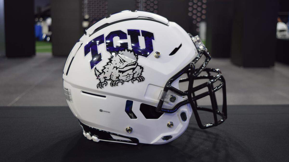 A TCU football helmet sits on a table at Big 12 Media Days in Frisco, Texas, on Monday, July 16. The Frogs were one of five teams who participated in the conference’s first day.