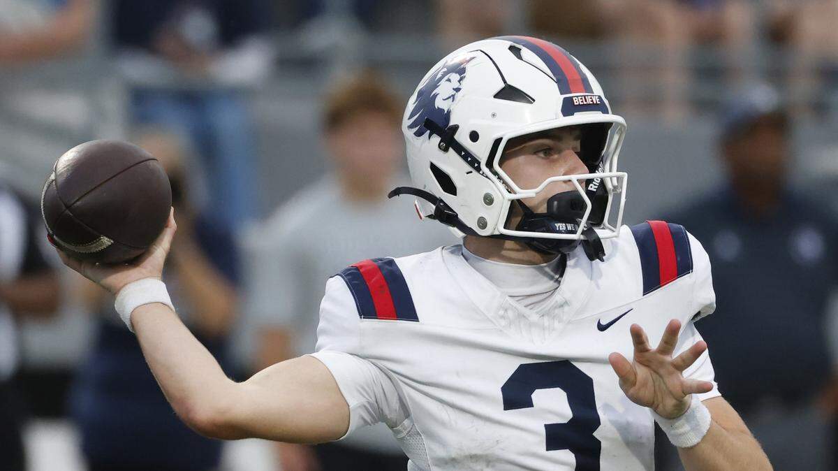 Richland quarterback Brett Kates (3) tosses a sideline pass during the first half of a UIL football game at Birdville FAAC in North Richland Hills, Texas, Friday, August, 29, 2025.
